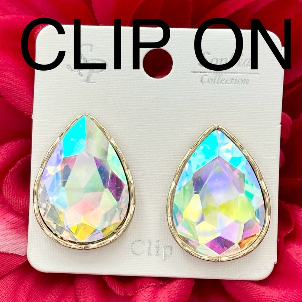 Large AB Iridescent Teardrop Clip On Earrings